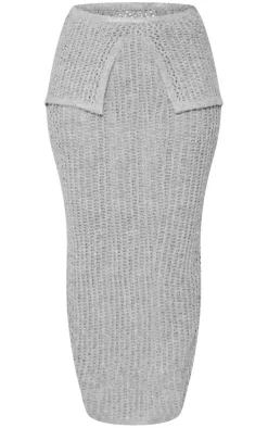 Discount PrettyLittleThing Petite Knitted Fold Over Midaxi Skirt Grey