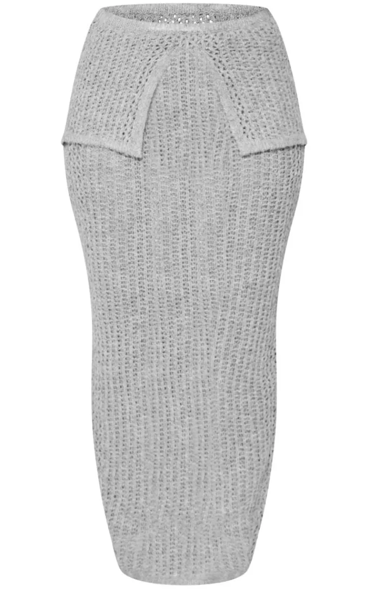 Discount PrettyLittleThing Petite Knitted Fold Over Midaxi Skirt Grey