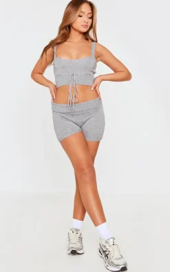 Sale PrettyLittleThing Petite Knitted Fold Over Shorts Grey