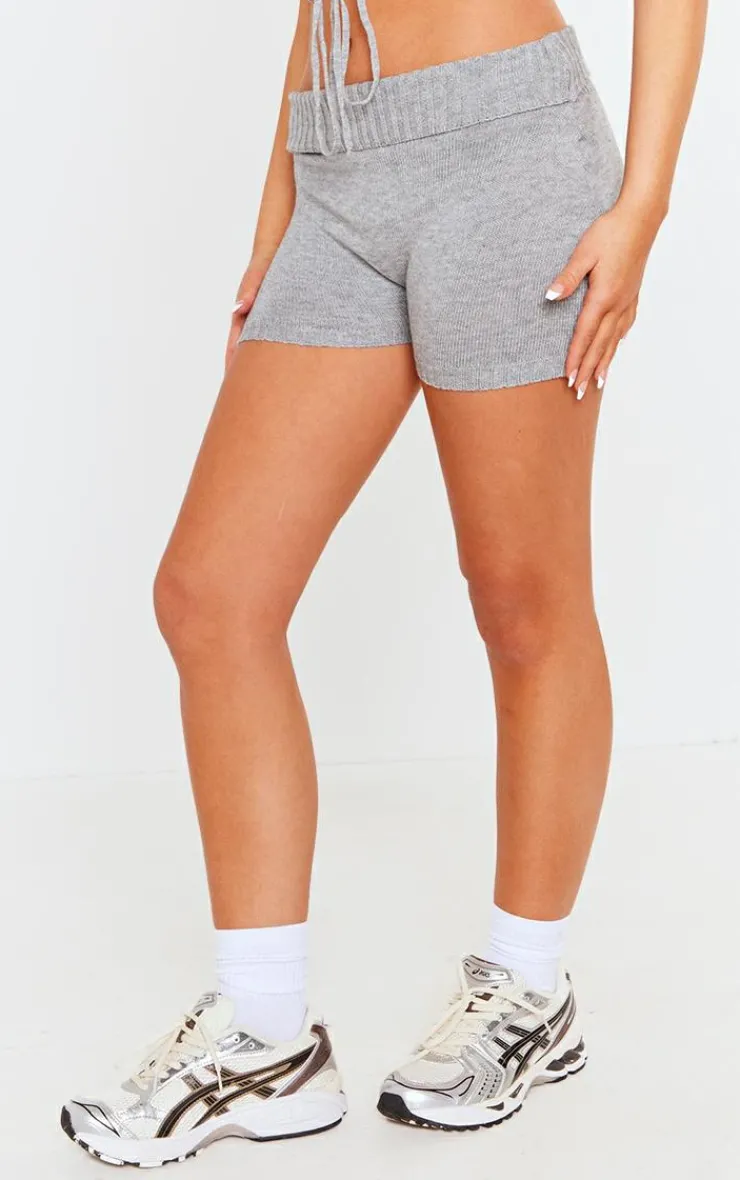 Sale PrettyLittleThing Petite Knitted Fold Over Shorts Grey