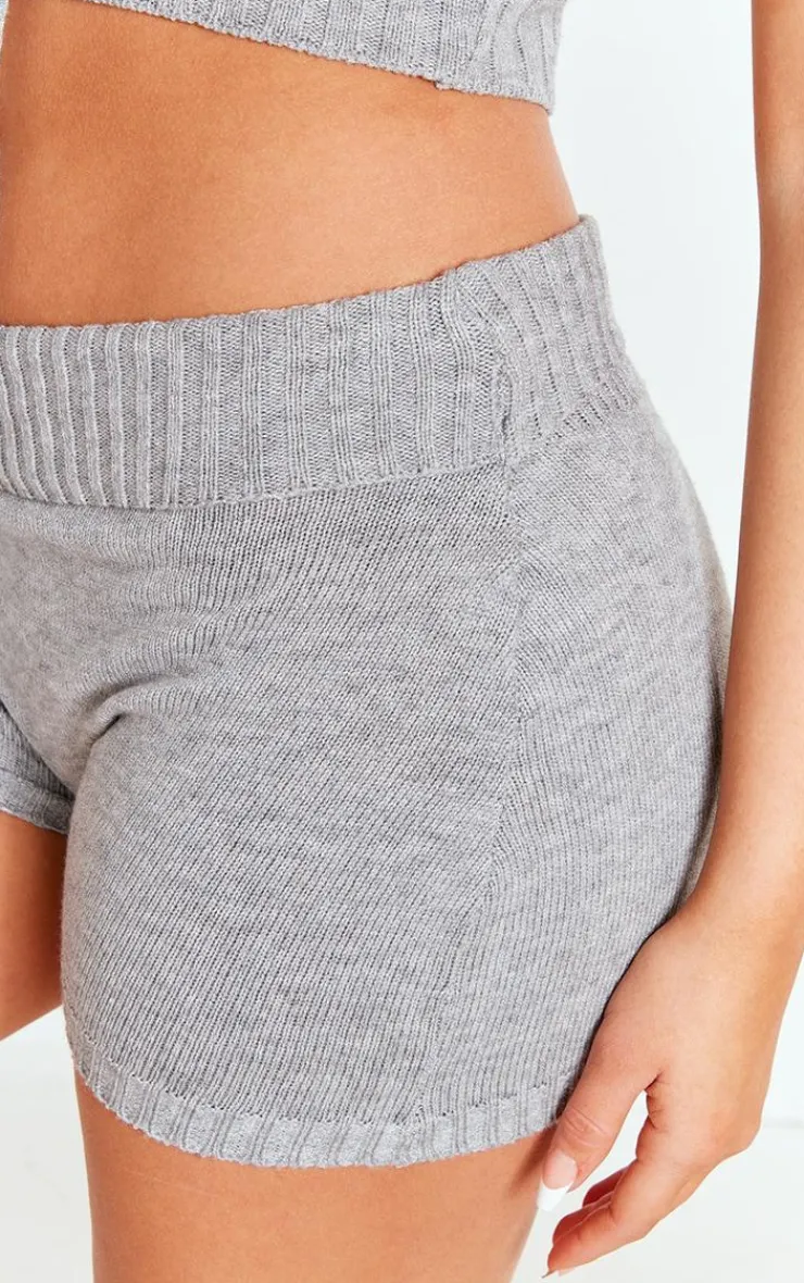 Sale PrettyLittleThing Petite Knitted Fold Over Shorts Grey