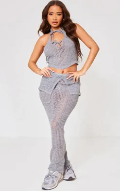 New PrettyLittleThing Petite Knitted Halterneck Cut Out Top With Tie Details Grey