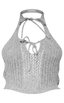 New PrettyLittleThing Petite Knitted Halterneck Cut Out Top With Tie Details Grey