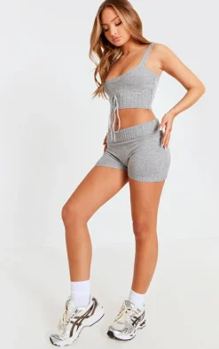 Discount PrettyLittleThing Petite Knitted Strappy Tie Front Crop Top Grey