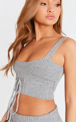 Discount PrettyLittleThing Petite Knitted Strappy Tie Front Crop Top Grey
