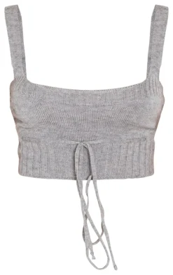 Discount PrettyLittleThing Petite Knitted Strappy Tie Front Crop Top Grey