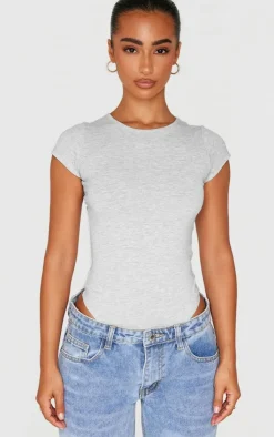 PrettyLittleThing Basic Tops*Petite Basic Cotton Blend Fitted Short Sleeve Bodysuit