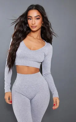 Outlet PrettyLittleThing Petite Bubble Ribbed Contour Long Sleeve Crop Top Grey Marl