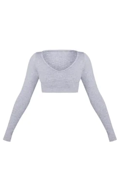Outlet PrettyLittleThing Petite Bubble Ribbed Contour Long Sleeve Crop Top Grey Marl