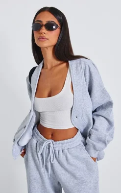 New PrettyLittleThing Petite Button Up Sweatshirt Grey Marl