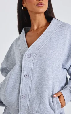 New PrettyLittleThing Petite Button Up Sweatshirt Grey Marl
