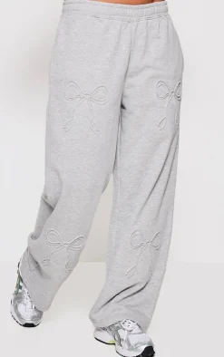 PrettyLittleThing Grey Sweatsuits*Petite Embossed Bow Detail Wide Leg Sweatpants
