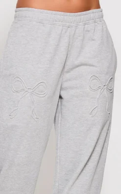 PrettyLittleThing Grey Sweatsuits*Petite Embossed Bow Detail Wide Leg Sweatpants