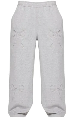 PrettyLittleThing Grey Sweatsuits*Petite Embossed Bow Detail Wide Leg Sweatpants