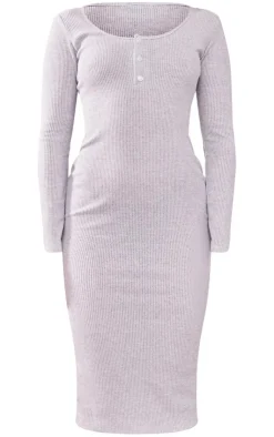 Petite Long Sleeve Brushed Rib Button Detail Midi Dress-PrettyLittleThing Discount