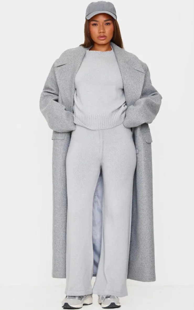 PrettyLittleThing Petite Marl Soft Knit Wide Leg Pants Grey