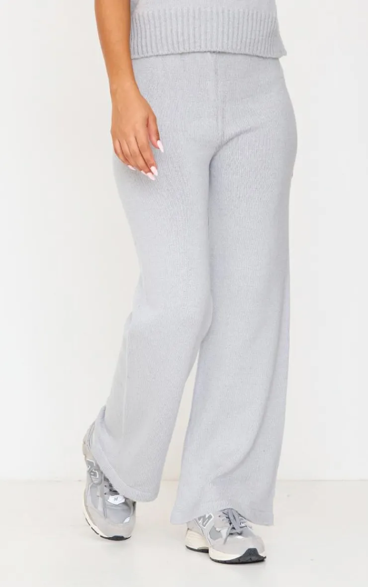 PrettyLittleThing Petite Marl Soft Knit Wide Leg Pants Grey