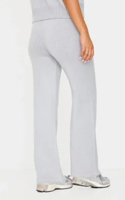 PrettyLittleThing Petite Marl Soft Knit Wide Leg Pants Grey