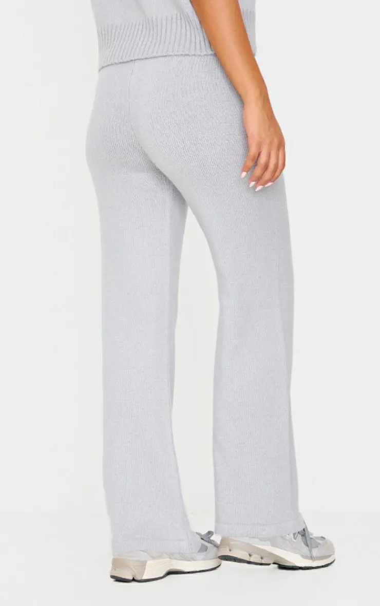 PrettyLittleThing Petite Marl Soft Knit Wide Leg Pants Grey