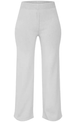 PrettyLittleThing Petite Marl Soft Knit Wide Leg Pants Grey