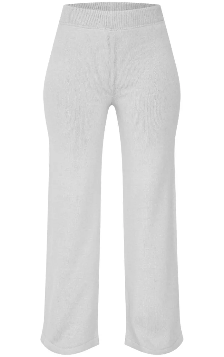 PrettyLittleThing Petite Marl Soft Knit Wide Leg Pants Grey
