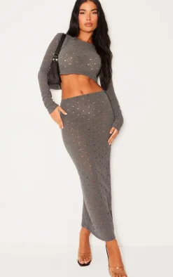 Online PrettyLittleThing Petite Open Knit Low Waist Midaxi Skirt Grey