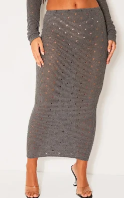 Online PrettyLittleThing Petite Open Knit Low Waist Midaxi Skirt Grey