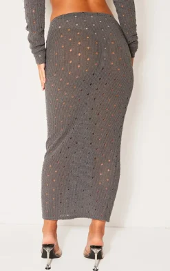 Online PrettyLittleThing Petite Open Knit Low Waist Midaxi Skirt Grey