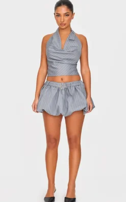 New PrettyLittleThing Petite Pinstripe Buckle Detail Puffball Mini Skirt Grey