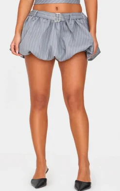 New PrettyLittleThing Petite Pinstripe Buckle Detail Puffball Mini Skirt Grey