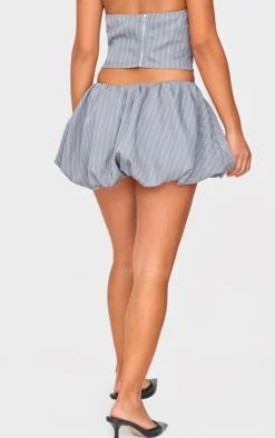 New PrettyLittleThing Petite Pinstripe Buckle Detail Puffball Mini Skirt Grey