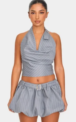 New PrettyLittleThing Petite Pinstripe Buckle Detail Puffball Mini Skirt Grey
