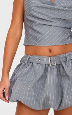 New PrettyLittleThing Petite Pinstripe Buckle Detail Puffball Mini Skirt Grey