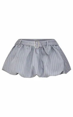 New PrettyLittleThing Petite Pinstripe Buckle Detail Puffball Mini Skirt Grey
