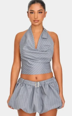 Discount PrettyLittleThing Petite Pinstripe Buckle Detail Cowl Neck Top Grey