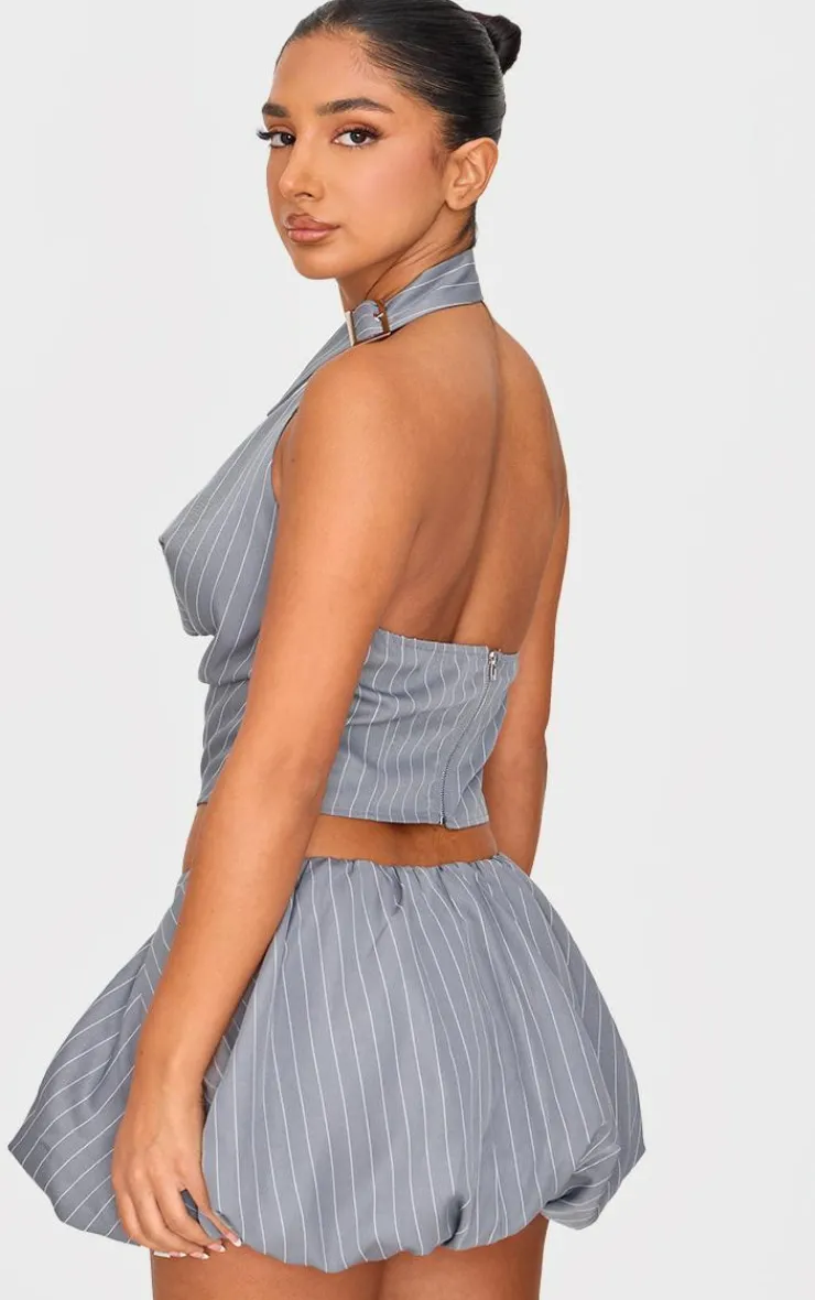 Discount PrettyLittleThing Petite Pinstripe Buckle Detail Cowl Neck Top Grey