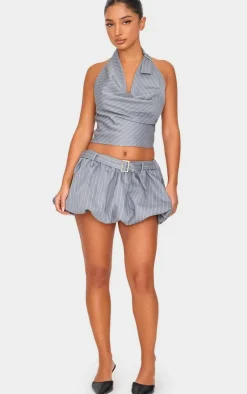 Discount PrettyLittleThing Petite Pinstripe Buckle Detail Cowl Neck Top Grey
