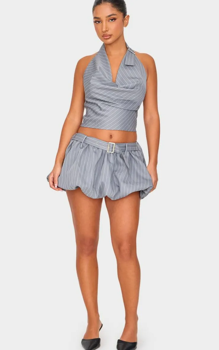 Discount PrettyLittleThing Petite Pinstripe Buckle Detail Cowl Neck Top Grey