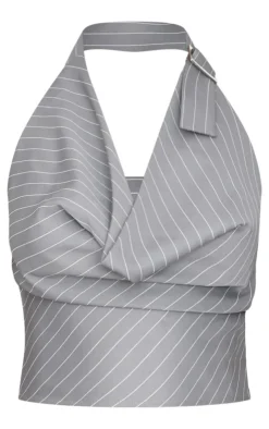 Discount PrettyLittleThing Petite Pinstripe Buckle Detail Cowl Neck Top Grey