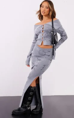 Discount PrettyLittleThing Petite Printed Knitted Midaxi Skirt Grey