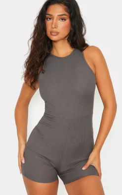 PrettyLittleThing Unitards*Petite Racer Neck Ribbed Unitard