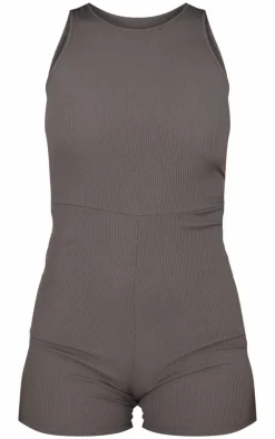 PrettyLittleThing Unitards*Petite Racer Neck Ribbed Unitard