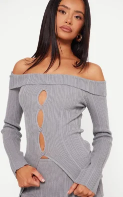 Outlet PrettyLittleThing Petite Rib Knit Bardot Long Sleeve Top Grey