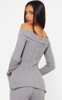 Outlet PrettyLittleThing Petite Rib Knit Bardot Long Sleeve Top Grey