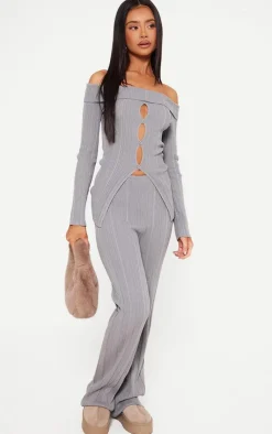 Outlet PrettyLittleThing Petite Rib Knit Bardot Long Sleeve Top Grey