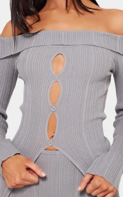 Outlet PrettyLittleThing Petite Rib Knit Bardot Long Sleeve Top Grey