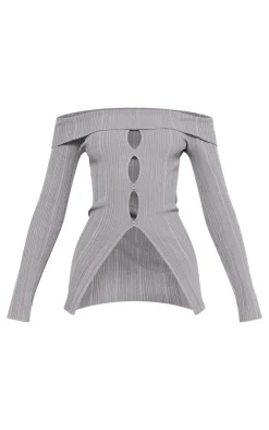 Outlet PrettyLittleThing Petite Rib Knit Bardot Long Sleeve Top Grey