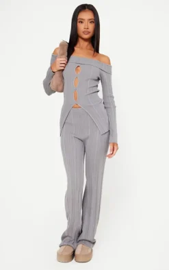 Clearance PrettyLittleThing Petite Rib Knit Flared Pants Grey