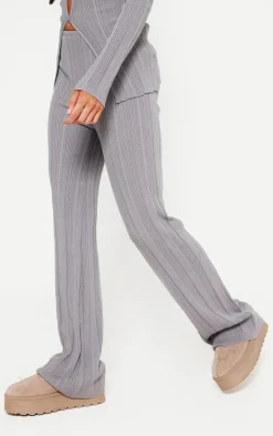 Clearance PrettyLittleThing Petite Rib Knit Flared Pants Grey