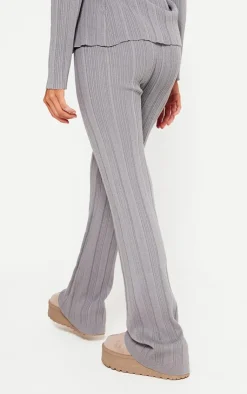 Clearance PrettyLittleThing Petite Rib Knit Flared Pants Grey